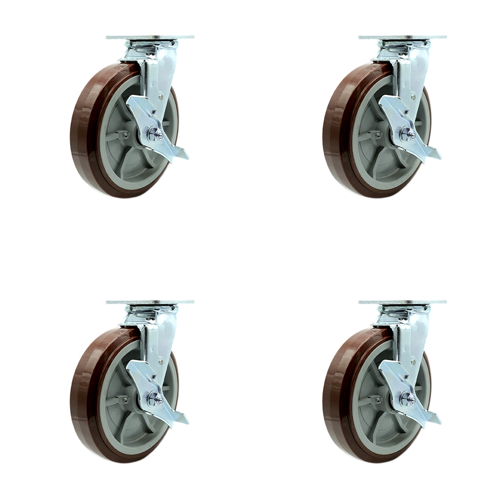 SCC-30CS820-PPUR-TLB-BSL-4 Polyurethane Swivel Top Plate Casters, Heavy Duty with 8 in. Wheels - 4000 lbs Total Capacity - Set of 4