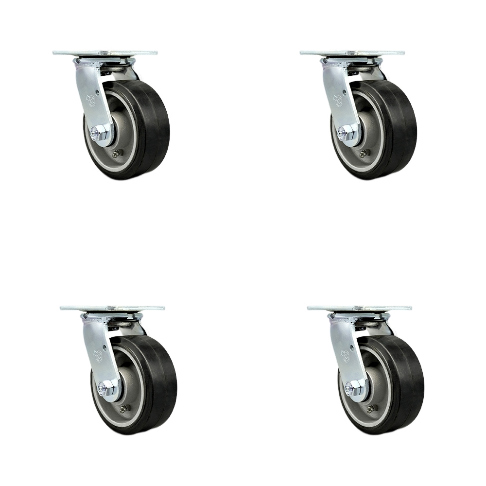 SCC-30CS520-RAR-BSL-4 Rubber on Aluminum Swivel Top Plate Casters, Heavy Duty with 5 in. Wheels - 2000 lbs Total Capacity - Set of 4
