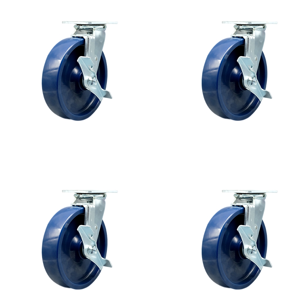 SCC-30CS820-SPUR-TLB-BSL-4 Solid Polyurethane Swivel Top Plate Casters, Heavy Duty with 8 in. Wheels - 4800 lbs Total Capacity - Set of 4