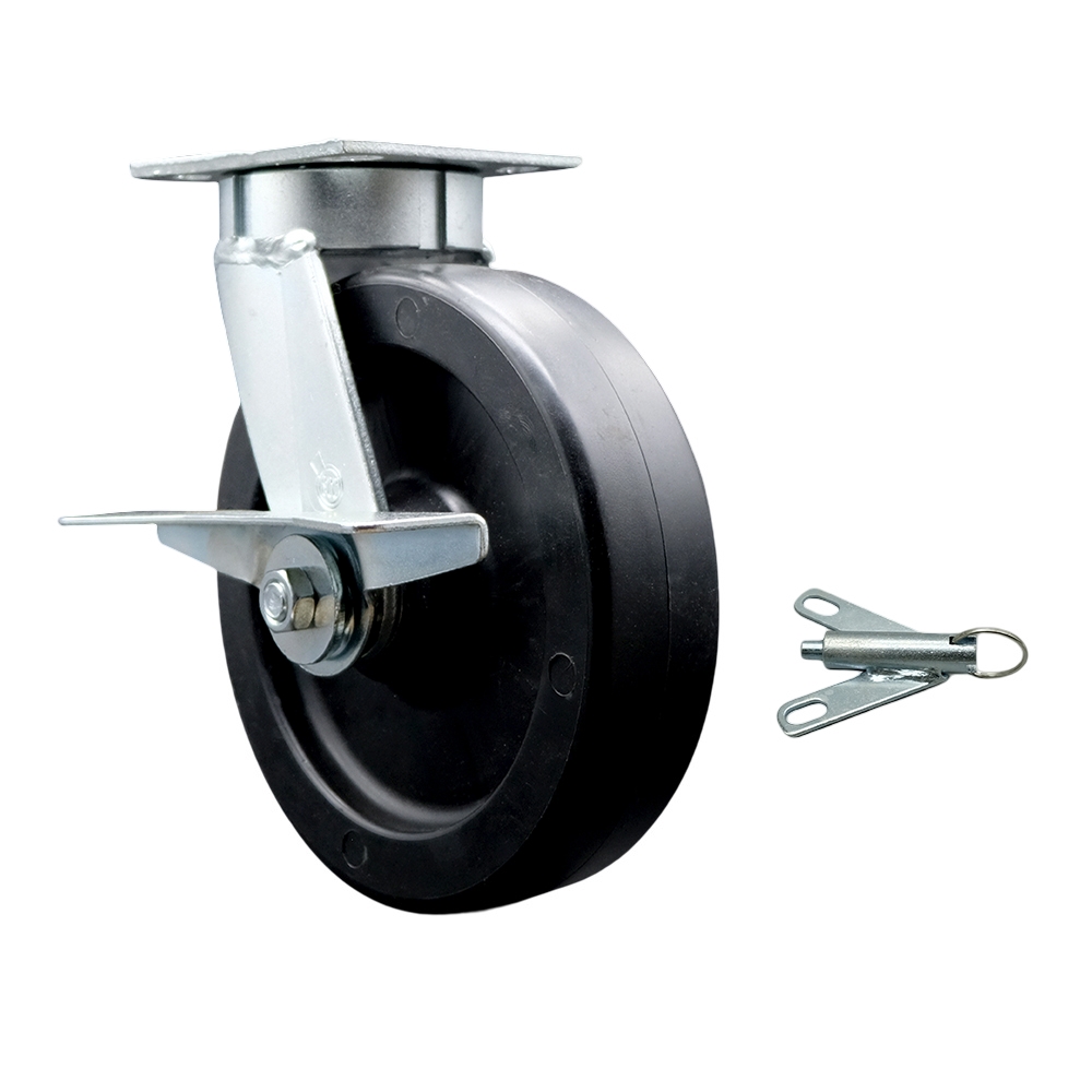 Kingpinless Polyolefin Swivel Top Plate Caster with 8 x 2 in. Black Wheel & Side Lock Brake & Bolt on Swivel Lock - 900 lbs Capacity per Caster