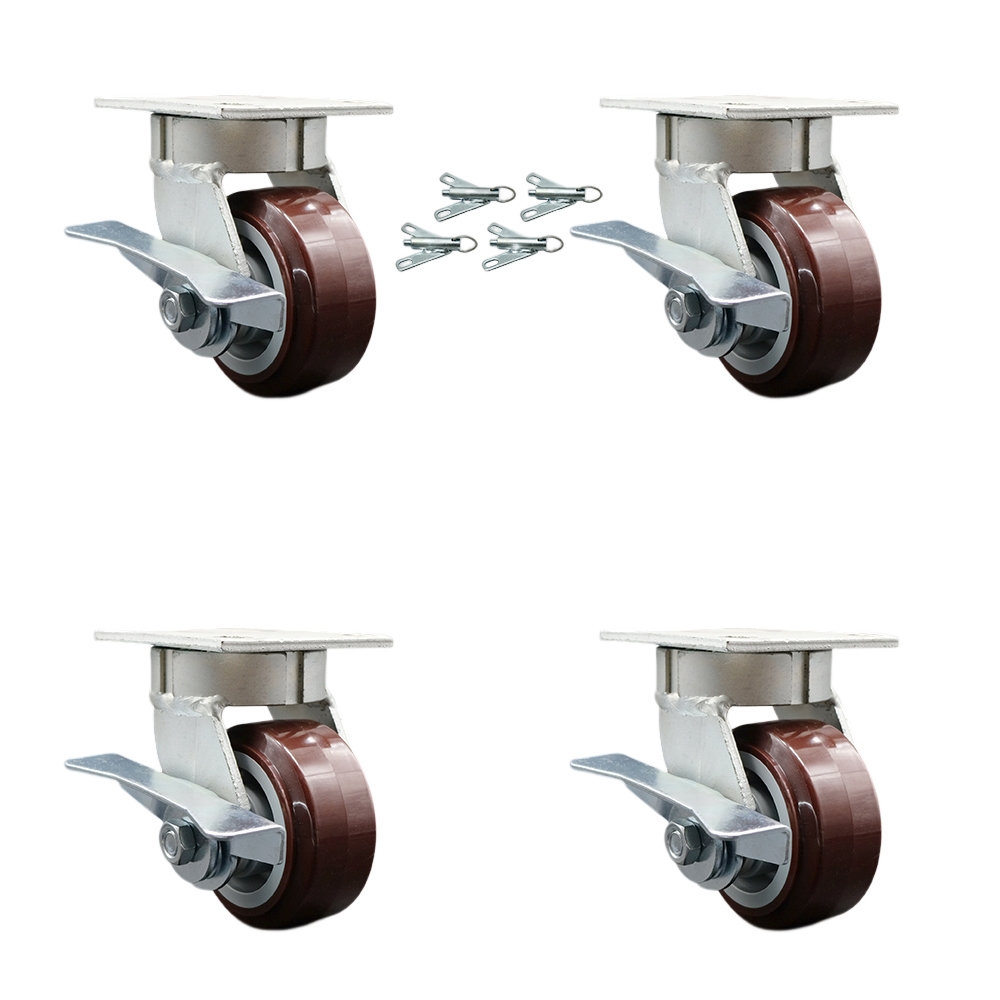 Kingpinless Polyurethane on Polyolefin Swivel Top Plate Caster with 4 x 2 in. Maroon Wheels - 2400 lbs Total Capacity - Set of 4