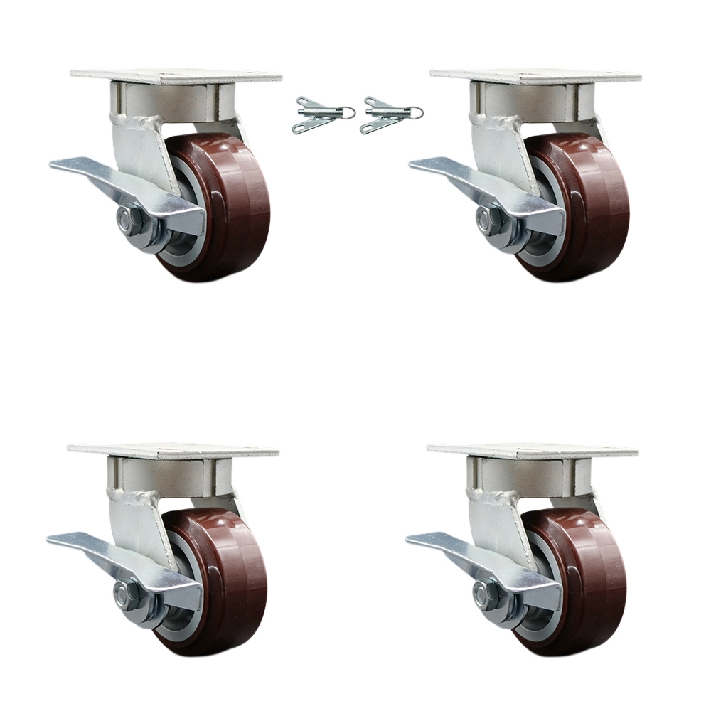 SCC-KP30S420-PPUR-SLB-BSL-2-SLB-2 Kingpinless Poly on Polyolefin Swivel Top Plate Caster with 4 x 2 in. Maroon Wheels - 2400 lbs Capacity - Set of 4
