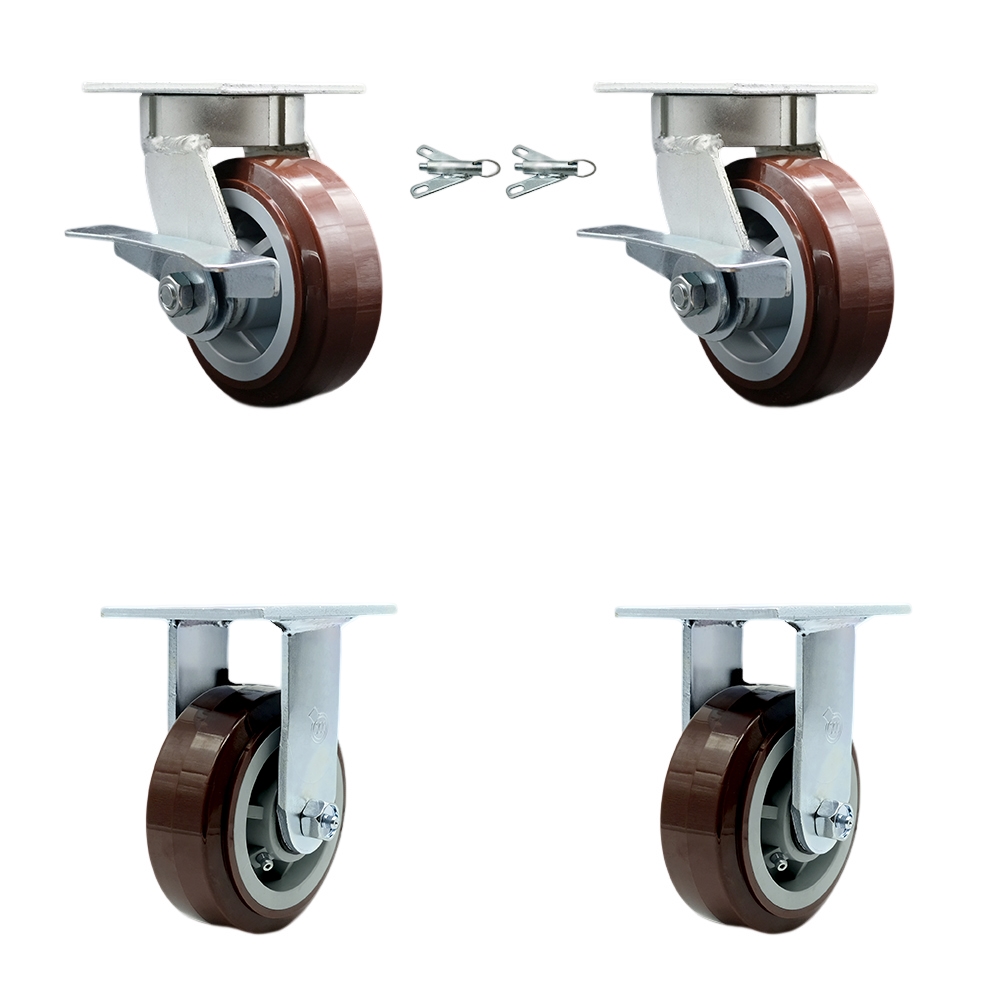 Kingpinless Polyurethane on Polyolefin Swivel Top Plate Caster with 5 x 2 in. Maroon Wheels - 3000 lbs Total Capacity - Set of 4