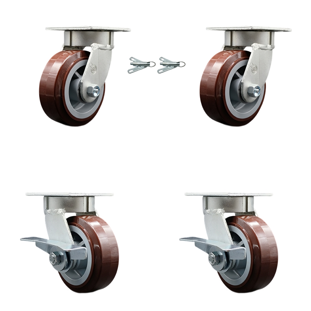 Kingpinless Polyurethane on Polyolefin Swivel Top Plate Caster with 5 x 2 in. Maroon Wheels - 3000 lbs Capacity - Set of 4
