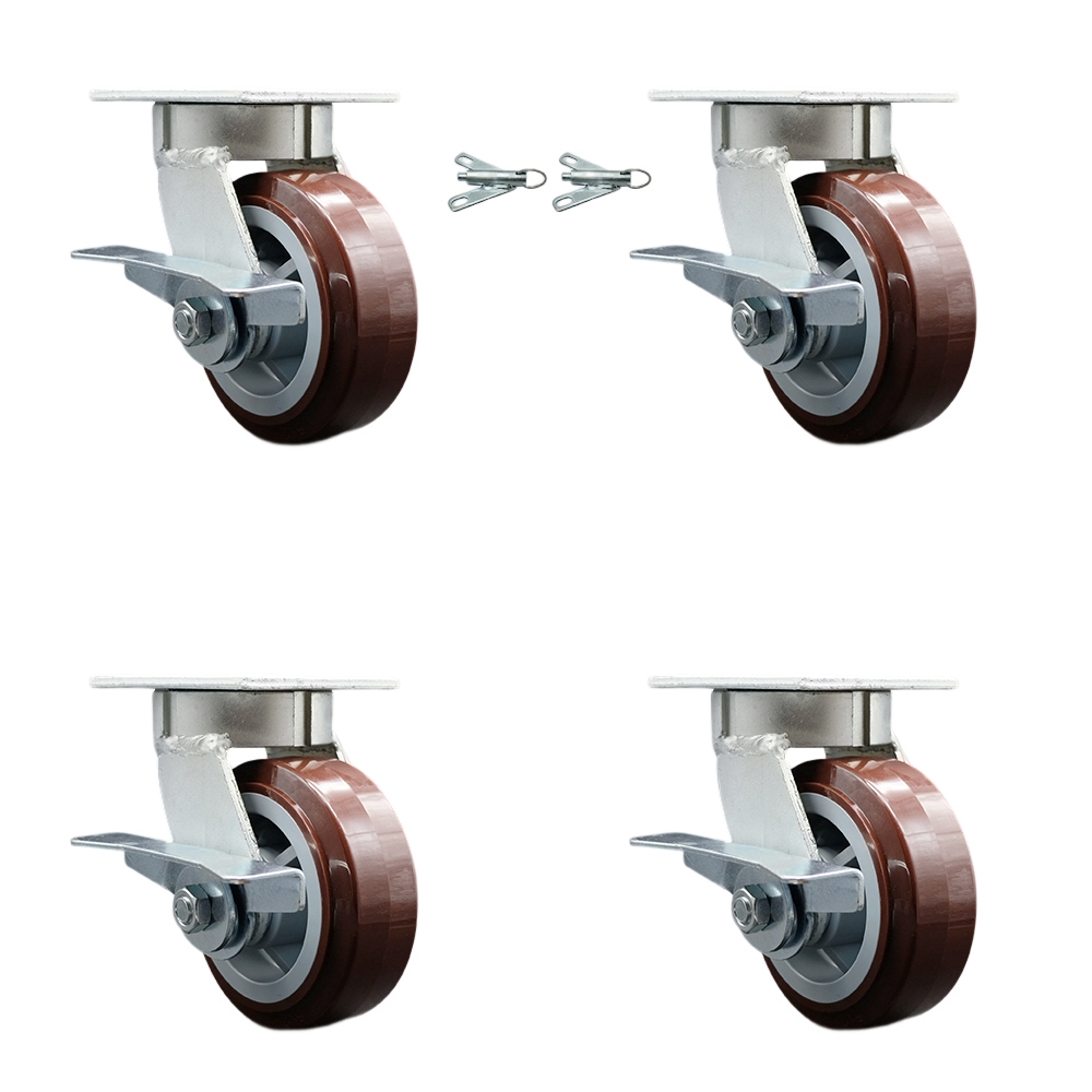 SCC-KP30S520-PPUR-SLB-BSL-2-SLB-2 Kingpinless Poly on Polyolefin Swivel Top Plate Caster with 5 x 2 in. Maroon Wheels - 3000 lbs Capacity - Set of 4