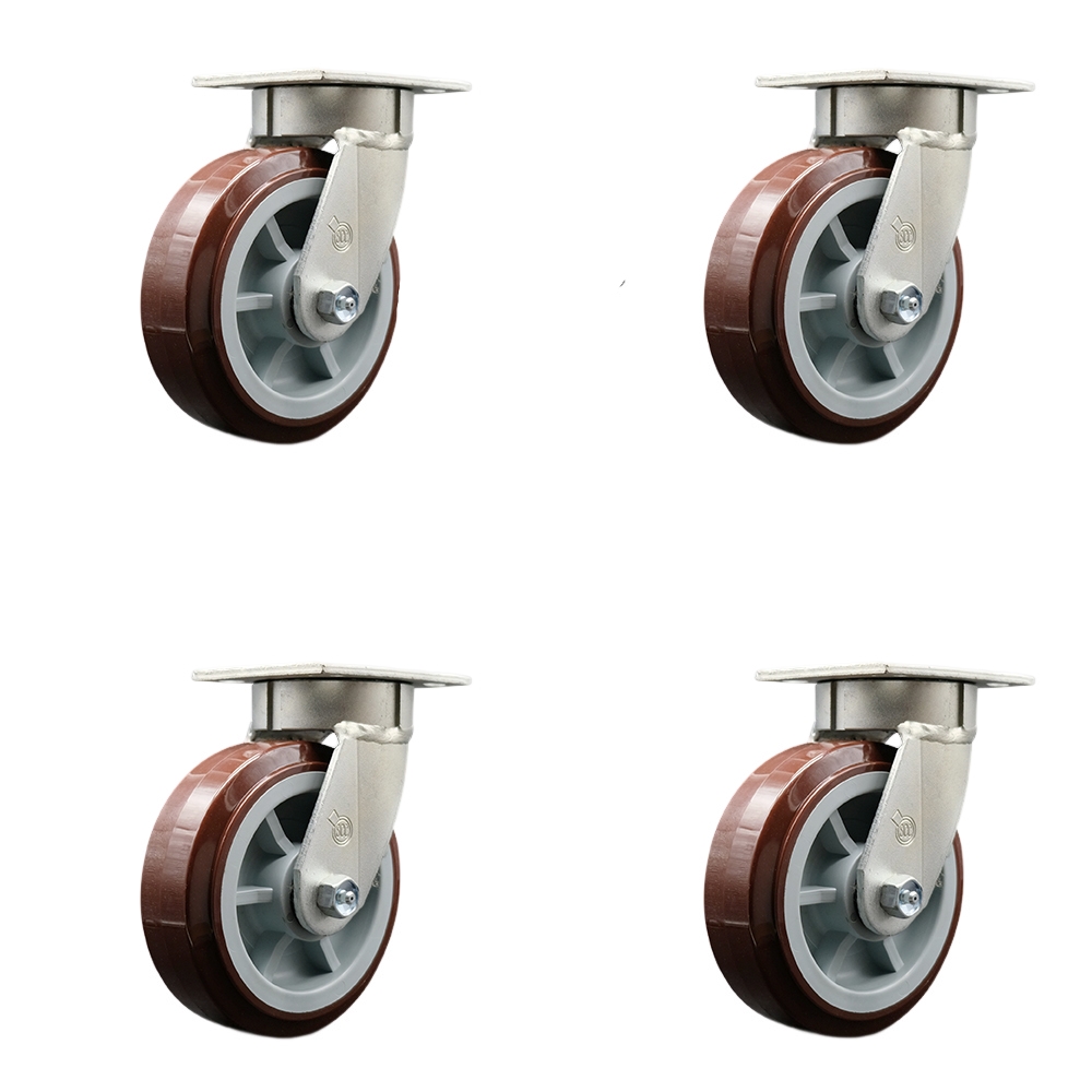 Kingpinless Polyurethane on Polyolefin Swivel Top Plate Caster with 6 x 2 in. Maroon Wheels - 3600 lbs Total Capacity - Set of 4
