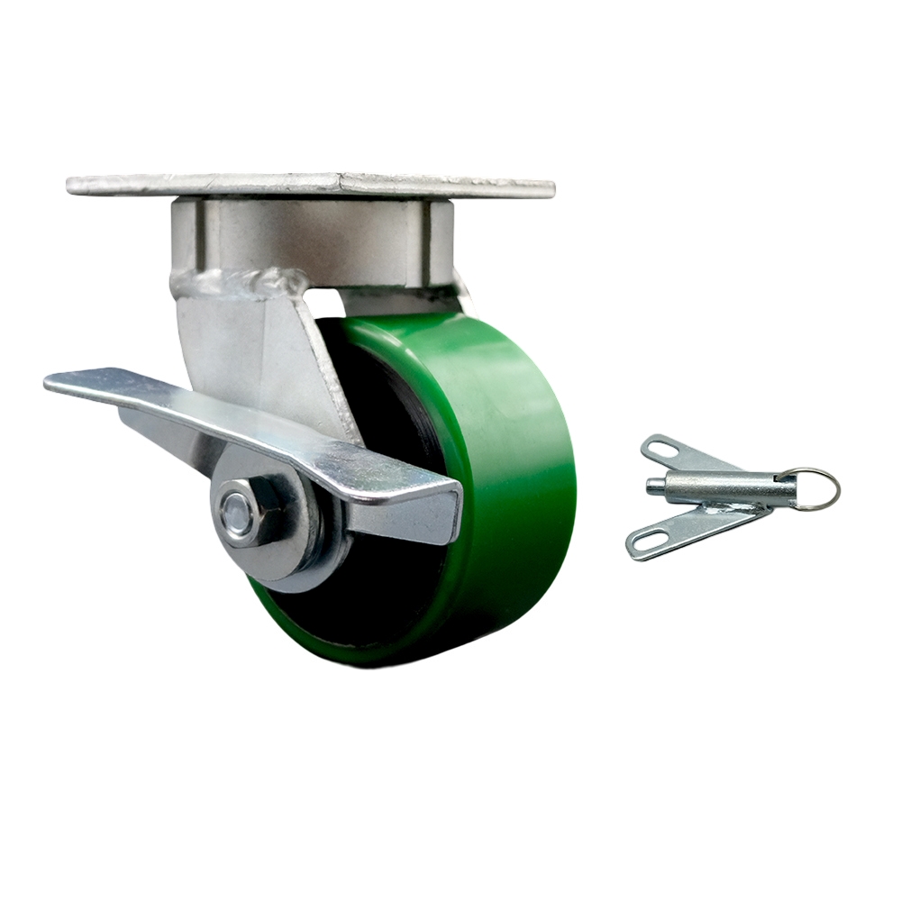 Kingpinless Polyurethane on Cast Iron Swivel Top Plate Caster with 4 x 2 in. Green Wheel & Side Lock Brake & Bolt on Swivel Lock - 700 lbs Capacity