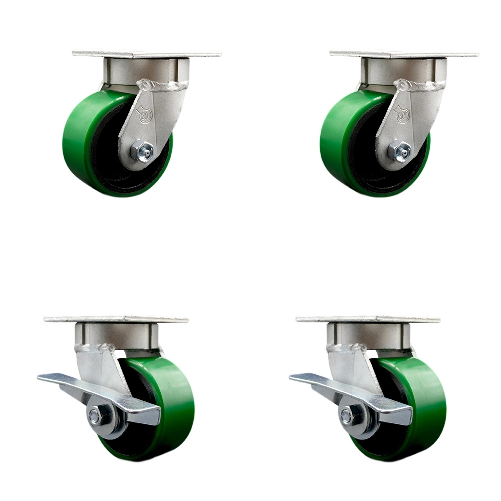 Kingpinless Polyurethane on Cast Iron Swivel Top Plate Caster with 4 x 2 in. Green Wheels - 2800 lbs Total Capacity - Set of 4