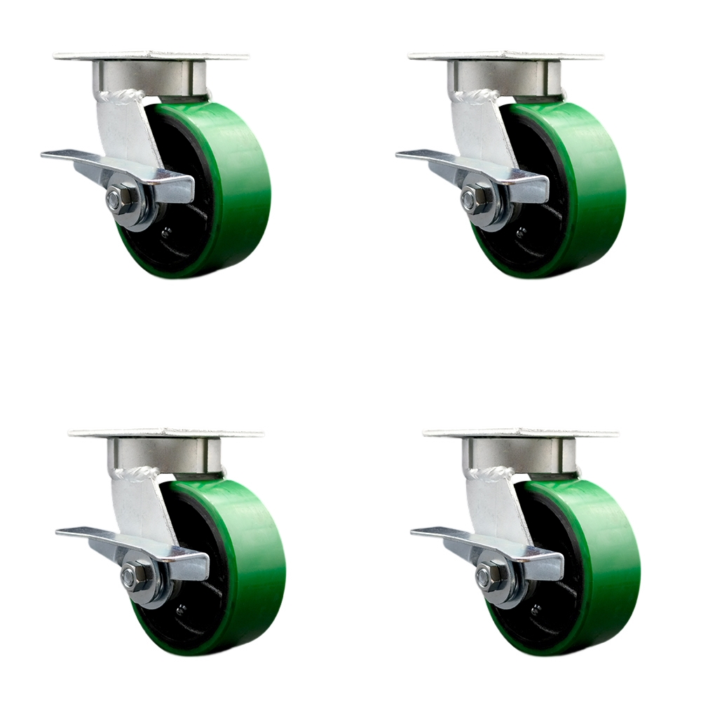 Kingpinless Polyurethane on Cast Iron Swivel Top Plate Caster with 5 x 2 in. Green Wheels - 3600 lbs Total Capacity - Set of 4
