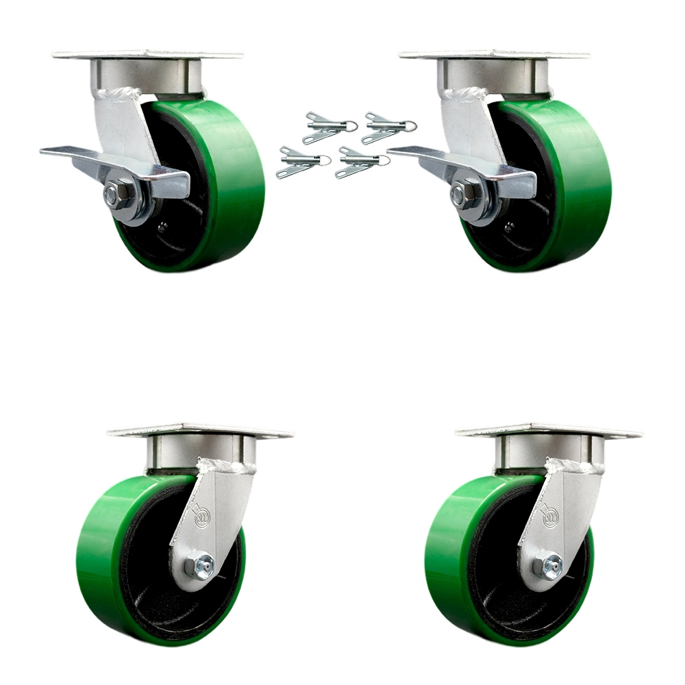 SCC-KP30S520-PUR-GB-SLB-BSL-2-BSL-2 Kingpinless Poly on Cast Iron Swivel Top Plate Caster with 5 x 2 in. Green Wheels - 3600 lbs Capacity - Set of 4