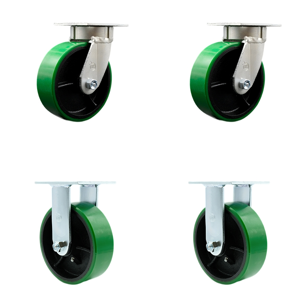 Kingpinless Polyurethane on Cast Iron Swivel Top Plate Caster with 6 x 2 in. Green Wheels - 4800 lbs Total Capacity - Set of 4