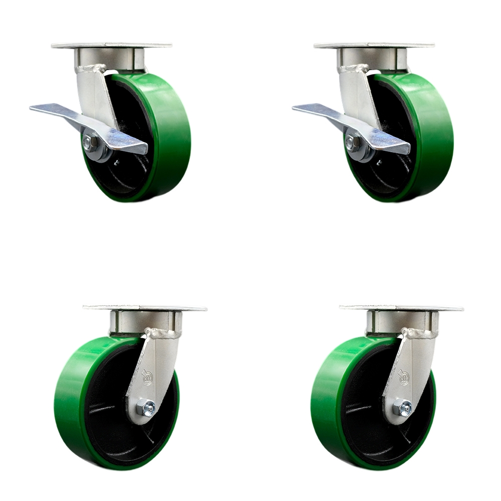 SCC-KP30S620-PUR-GB-SLB-BSL-2-BSL-2 Kingpinless Poly on Cast Iron Swivel Top Plate Caster with 6 x 2 in. Green Wheels - 4800 lbs Capacity - Set of 4