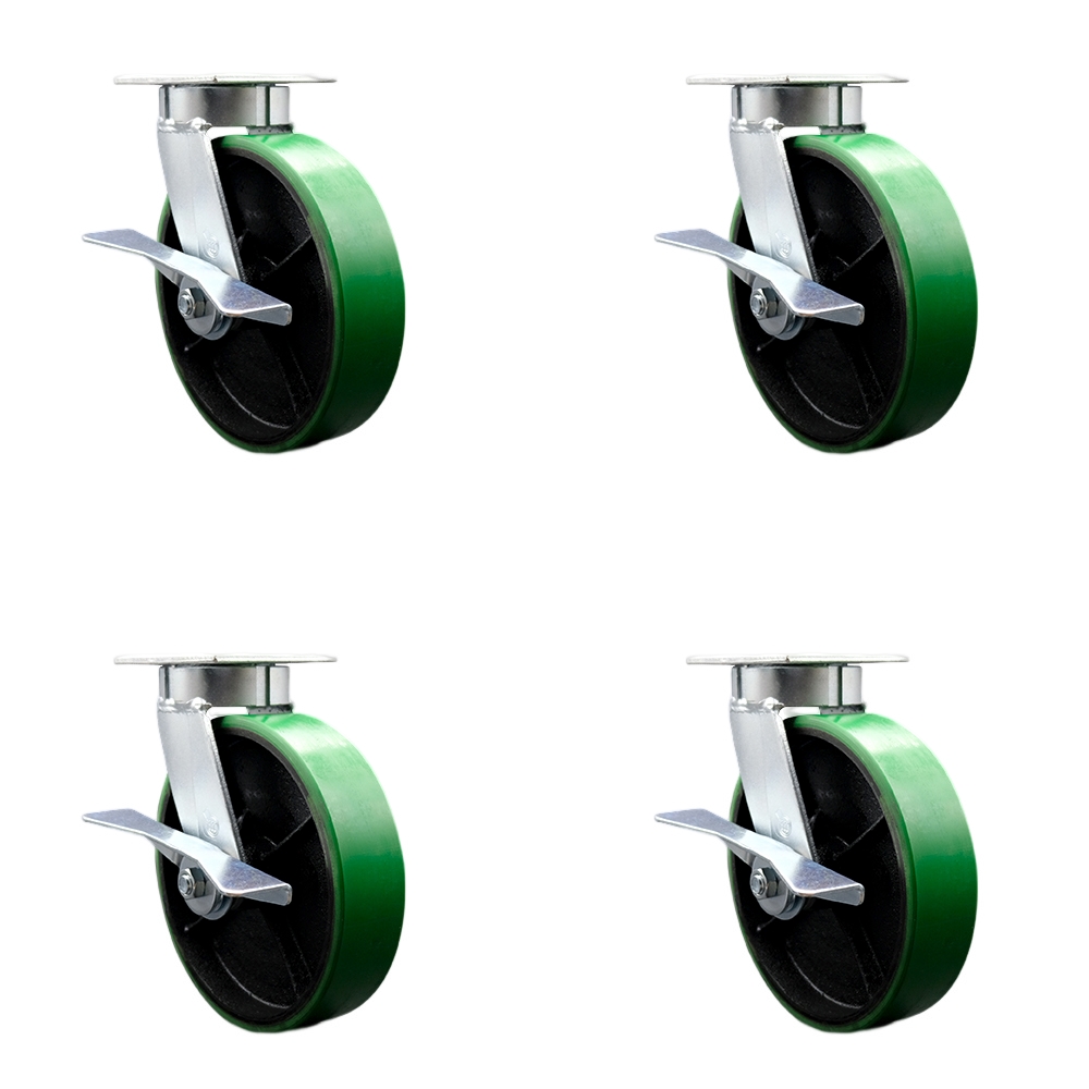 Kingpinless Polyurethane on Cast Iron Swivel Top Plate Caster with 8 x 2 in. Green Wheels - 5000 lbs Total Capacity - Set of 4