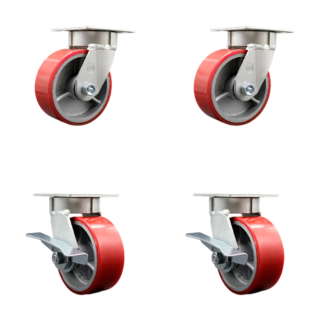 Kingpinless Polyurethane on Cast Iron Swivel Top Plate Caster with 5 x 2 in. Red Wheels - 3600 lbs Total Capacity - Set of 4