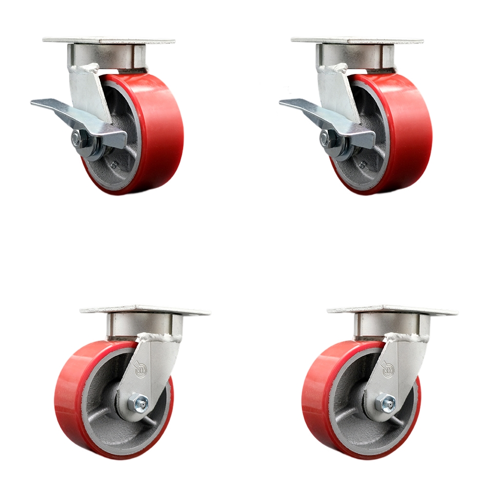 SCC-KP30S520-PUR-RS-SLB-BSL-2-BSL-2 Kingpinless Poly on Cast Iron Swivel Top Plate Caster with 5 x 2 in. Red Wheels - 3600 lbs Capacity - Set of 4
