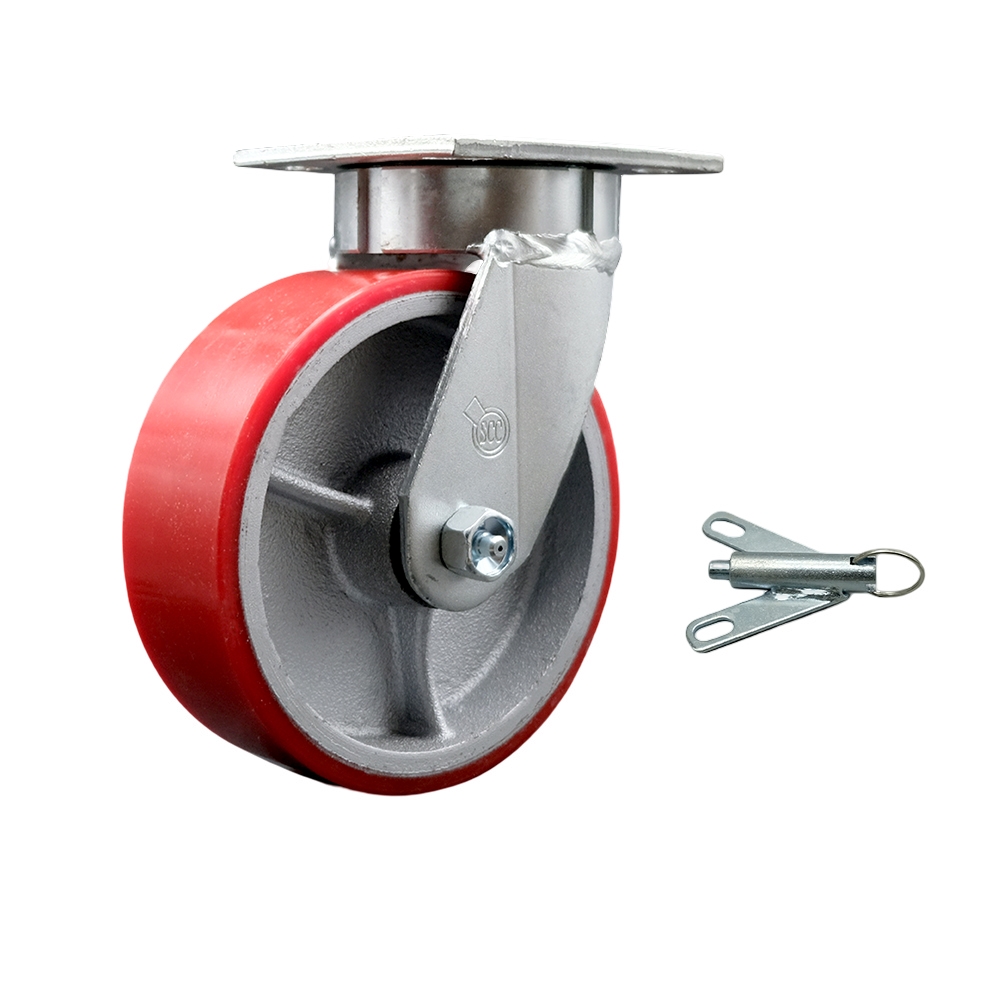Kingpinless Polyurethane on Cast Iron Swivel Top Plate Caster with 6 x 2 in. Red Wheel & Bolt on Swivel Lock - 1200 lbs Capacity per Caster