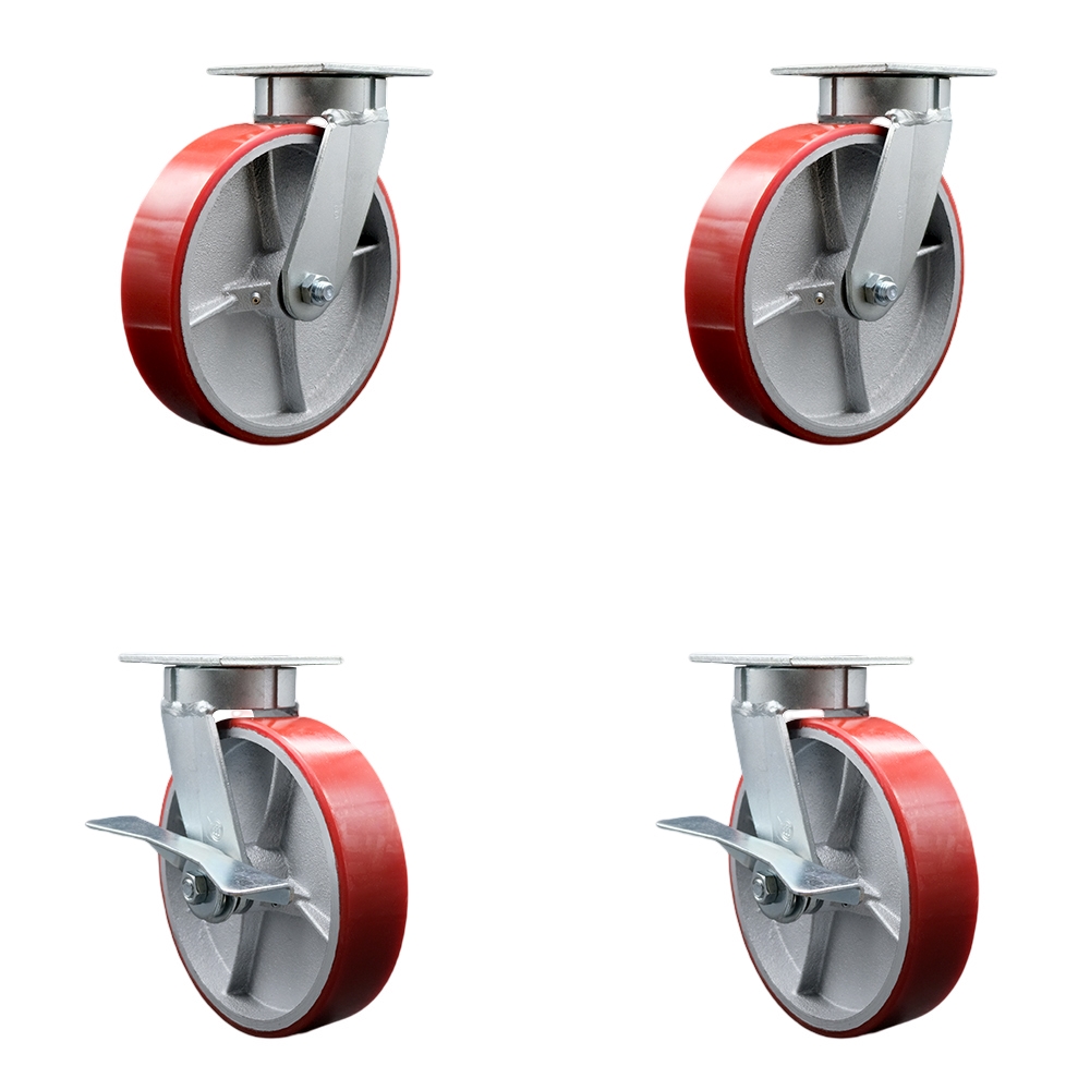 Kingpinless Polyurethane on Cast Iron Swivel Top Plate Caster with 8 x 2 in. Red Wheels - 5000 lbs Capacity - Set of 4