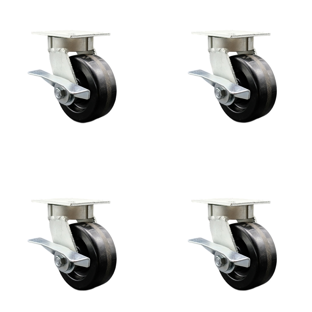 SCC-KP30S520-PHR-SLB-4 Kingpinless Phenolic Swivel Top Plate Caster with 5 x 2 in. Black Wheels - 4000 lbs Total Capacity - Set of 4