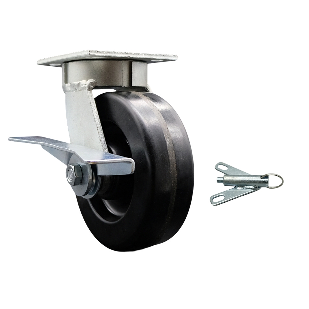 Kingpinless Phenolic Swivel Top Plate Caster with 6 x 2 in. Black Wheel & Side Lock Brake & Bolt on Swivel Lock - 1200 lbs Capacity per Caster