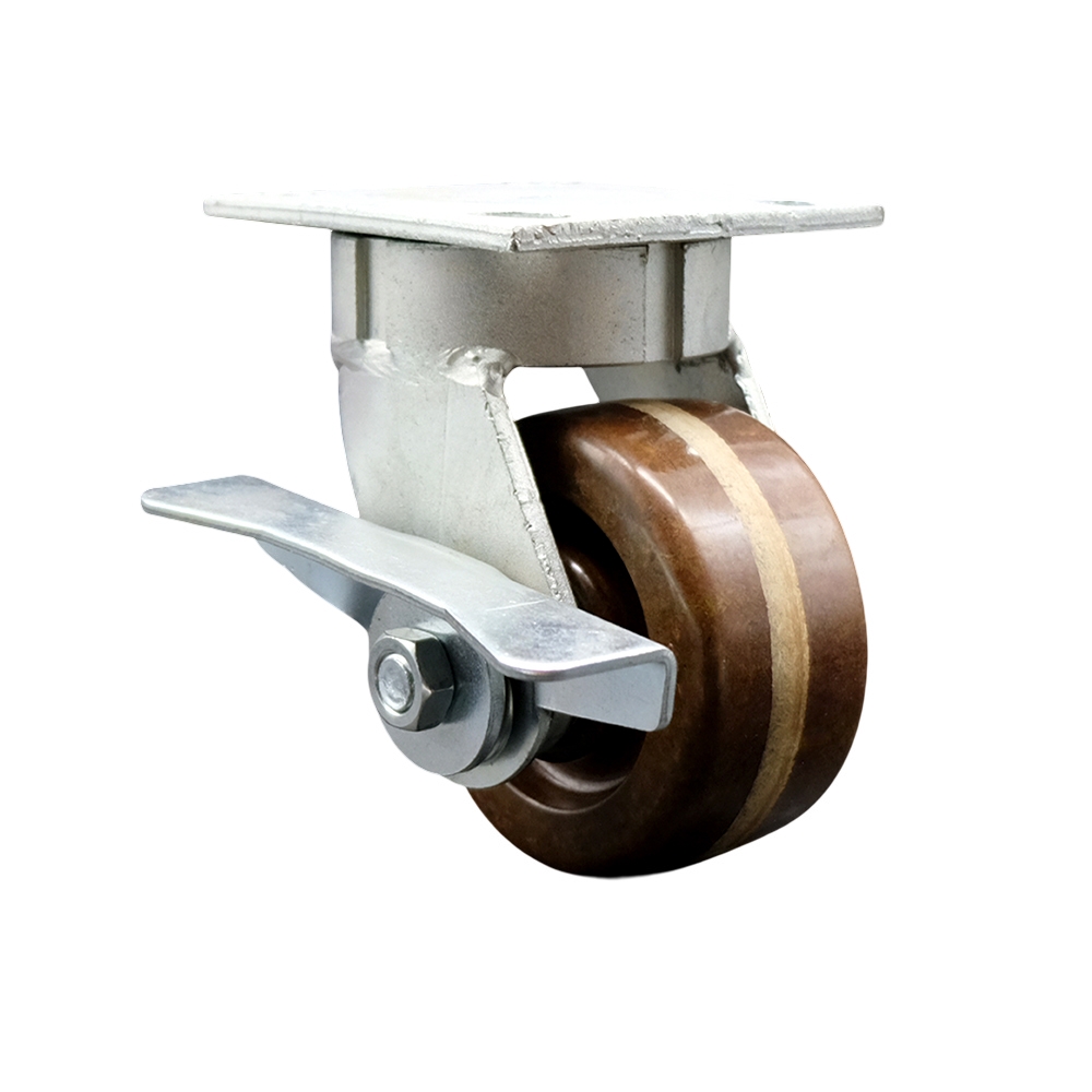 Kingpinless High Temperature Phenolic Swivel Top Plate Caster with 4 x 2 in. Brown Wheel & Side Lock Brake - 800 lbs Capacity per Caster