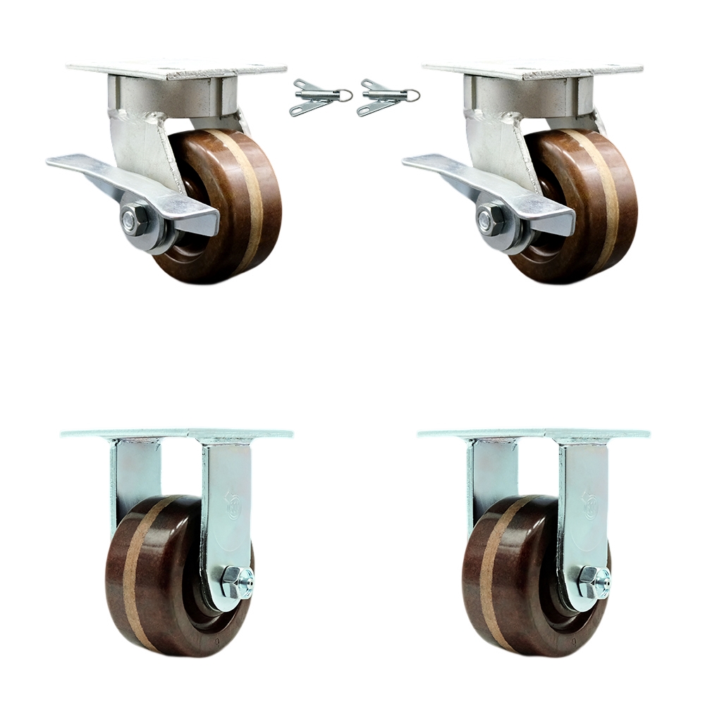 Kingpinless High Temperature Phenolic Swivel Top Plate Caster with 4 x 2 in. Brown Wheels - 3200 lbs Capacity - Set of 4