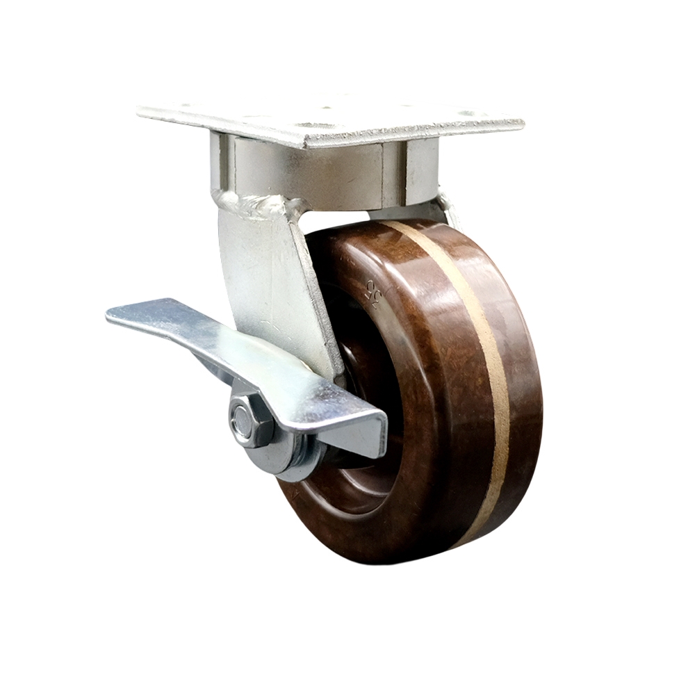 Kingpinless High Temperature Phenolic Swivel Top Plate Caster with 5 x 2 in. Brown Wheel & Side Lock Brake - 1000 lbs Capacity per Caster