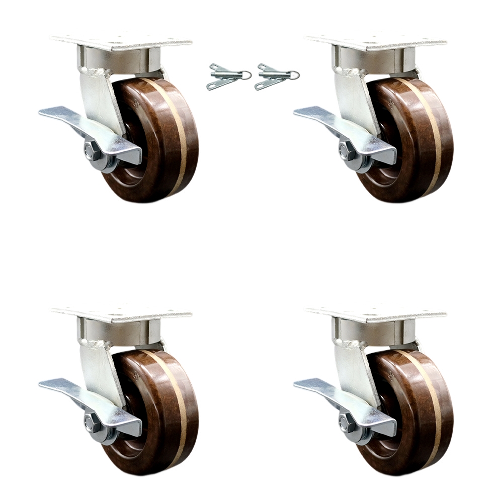 Kingpinless High Temperature Phenolic Swivel Top Plate Caster with 5 x 2 in. Brown Wheels - 4000 lbs Capacity - Set of 4