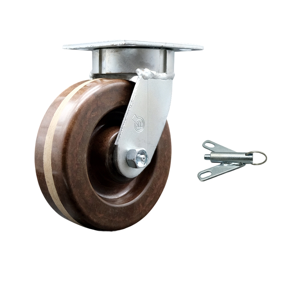 Kingpinless High Temperature Phenolic Swivel Top Plate Caster with 6 x 2 in. Brown Wheel & Bolt on Swivel Lock - 1200 lbs Capacity per Caster
