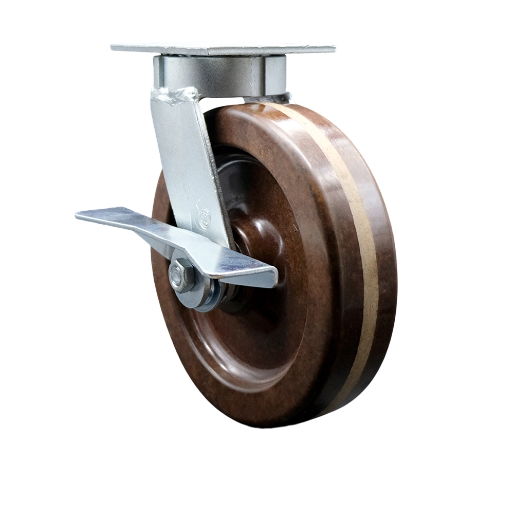 Kingpinless High Temperature Phenolic Swivel Top Plate Caster with 8 x 2 in. Brown Wheel & Side Lock Brake - 1250 lbs Capacity per Caster