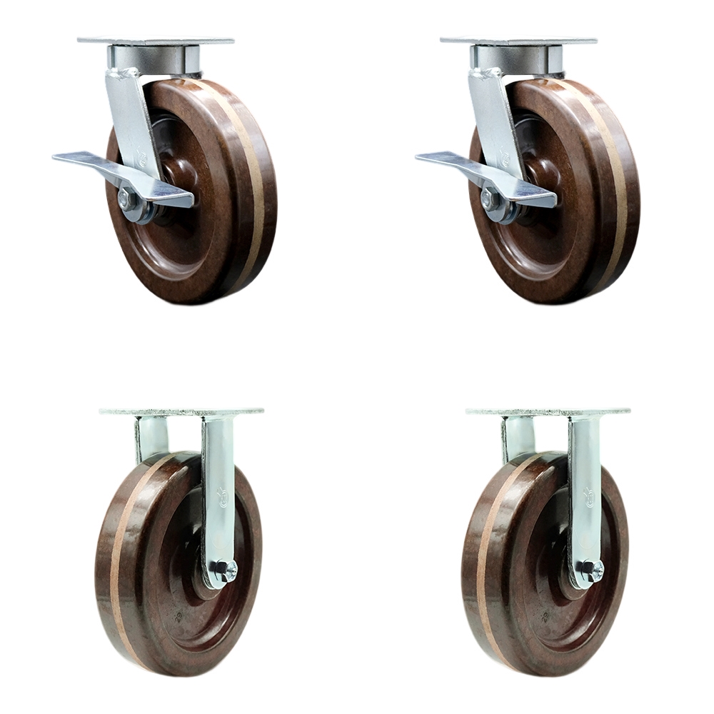 Kingpinless High Temperature Phenolic Swivel Top Plate Caster with 8 x 2 in. Brown Wheels - 5000 lbs Total Capacity - Set of 4