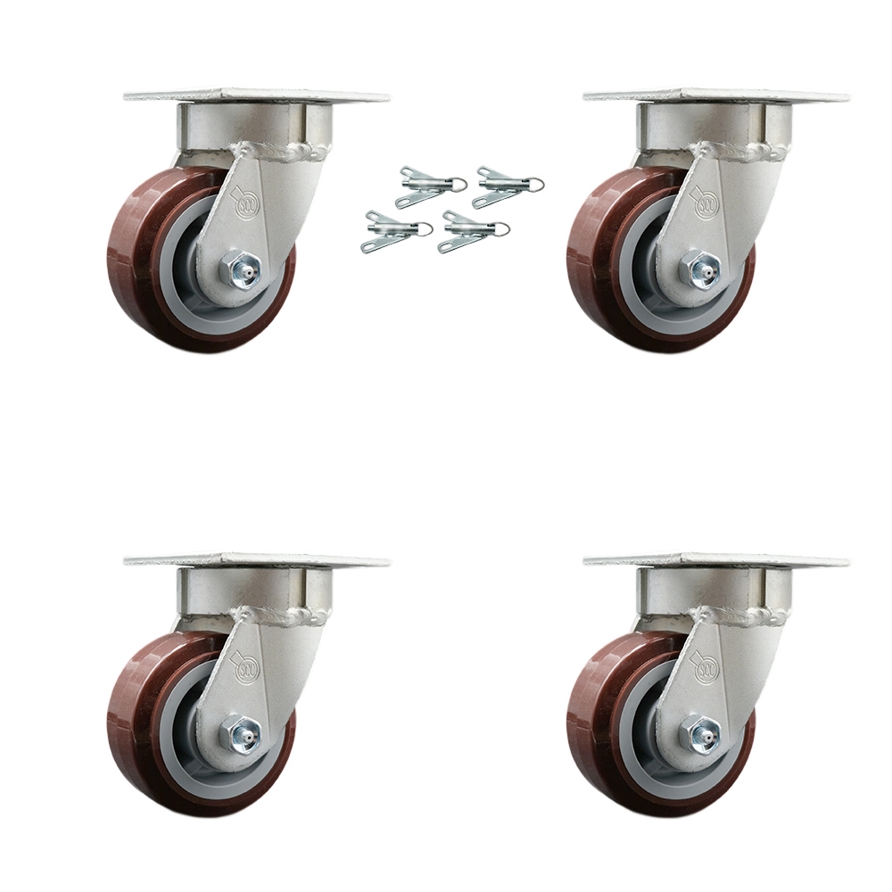 Kingpinless Polyurethane on Polyolefin Swivel Top Plate Caster with 4 x 2 in. Maroon Wheels - 2400 lbs Total Capacity - Set of 4