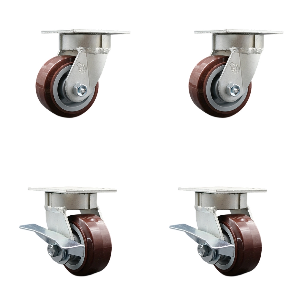 Kingpinless Polyurethane on Polyolefin Swivel Top Plate Caster with 4 x 2 in. Maroon Wheels - 2400 lbs Total Capacity - Set of 4