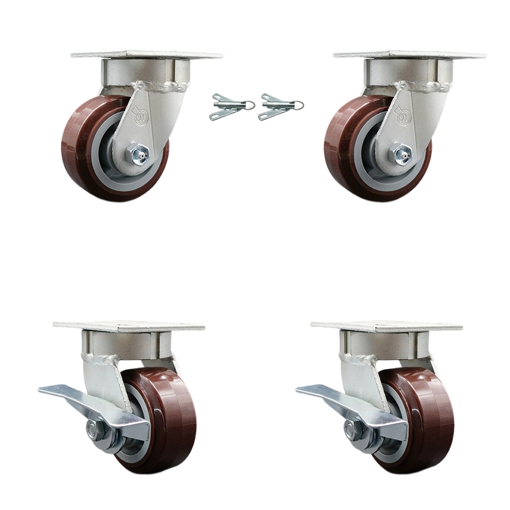 Kingpinless Polyurethane on Polyolefin Swivel Top Plate Caster with 4 x 2 in. Maroon Wheels - 2400 lbs Capacity - Set of 4