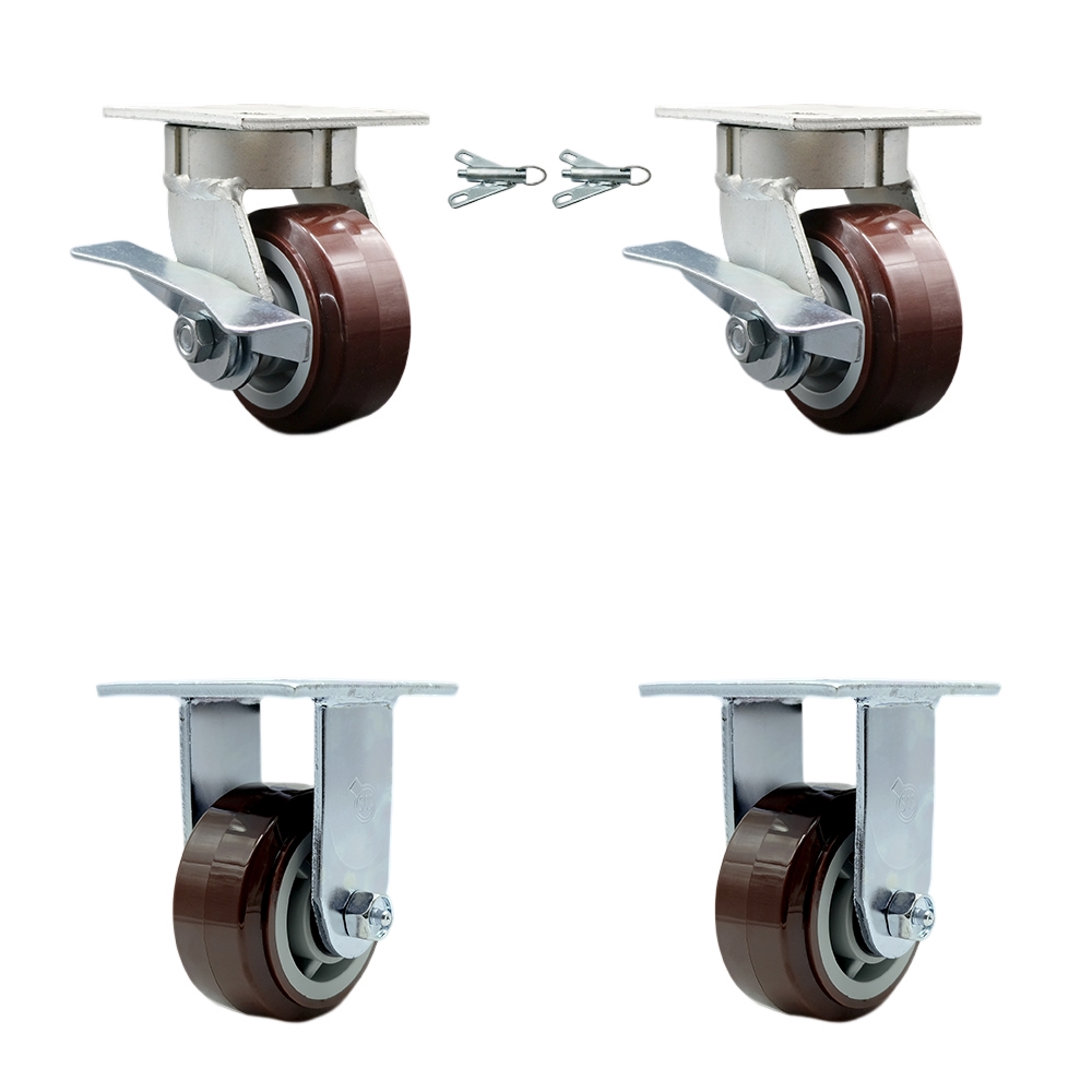 Kingpinless Polyurethane on Polyolefin Swivel Top Plate Caster with 4 x 2 in. Maroon Wheels - 2400 lbs Capacity - Set of 4