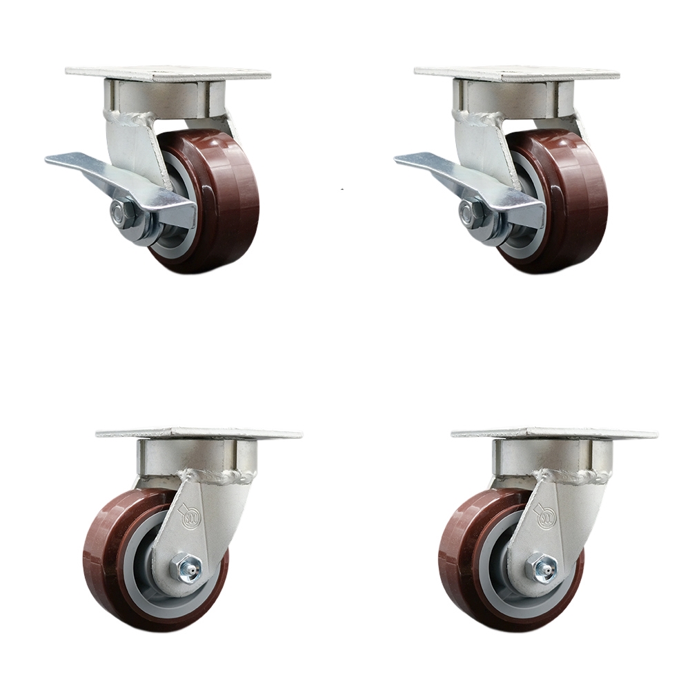 SCC-KP30S420-PPUR-SLB-BSL-2-BSL-2 Kingpinless Poly on Polyolefin Swivel Top Plate Caster with 4 x 2 in. Maroon Wheels - 2400 lbs Capacity - Set of 4