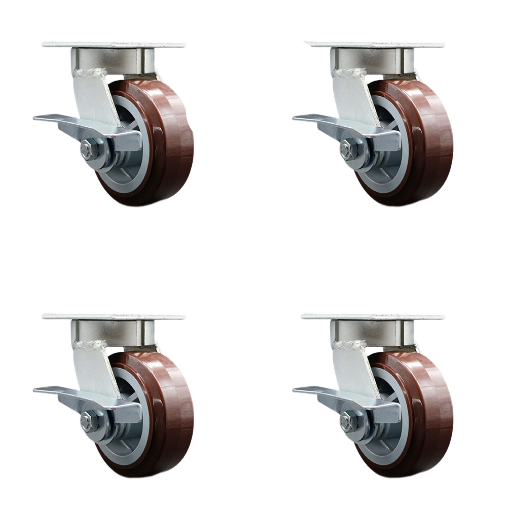Kingpinless Polyurethane on Polyolefin Swivel Top Plate Caster with 5 x 2 in. Maroon Wheels - 3000 lbs Total Capacity - Set of 4