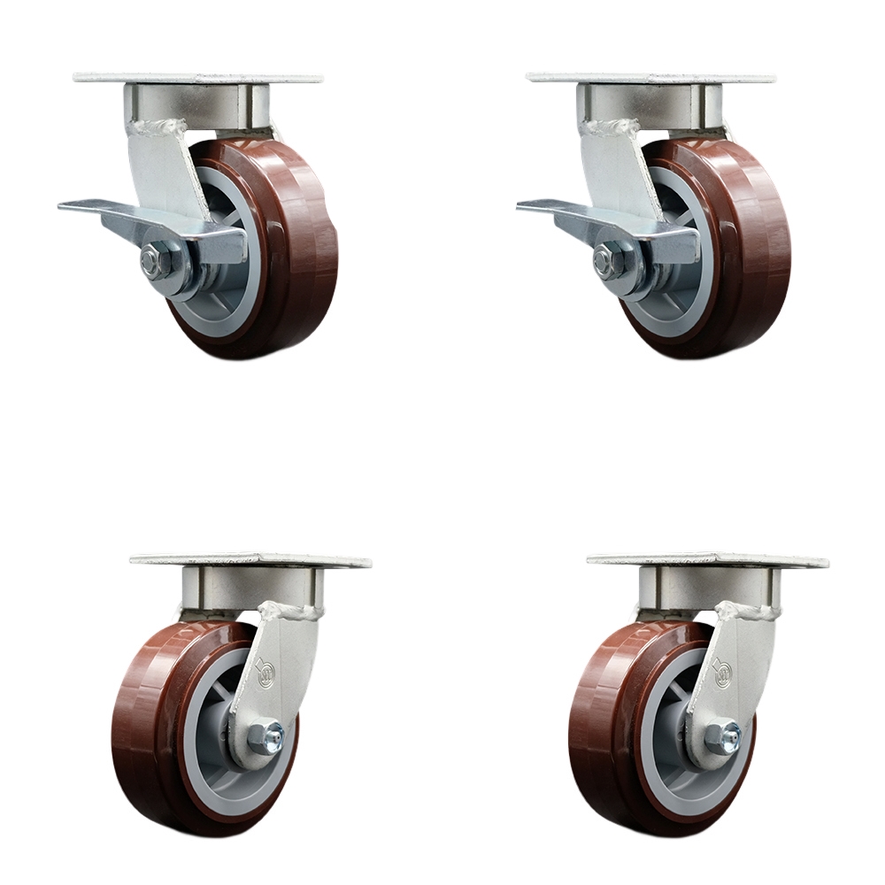 SCC-KP30S520-PPUR-SLB-BSL-2-BSL-2 Kingpinless Poly on Polyolefin Swivel Top Plate Caster with 5 x 2 in. Maroon Wheels - 3000 lbs Capacity - Set of 4