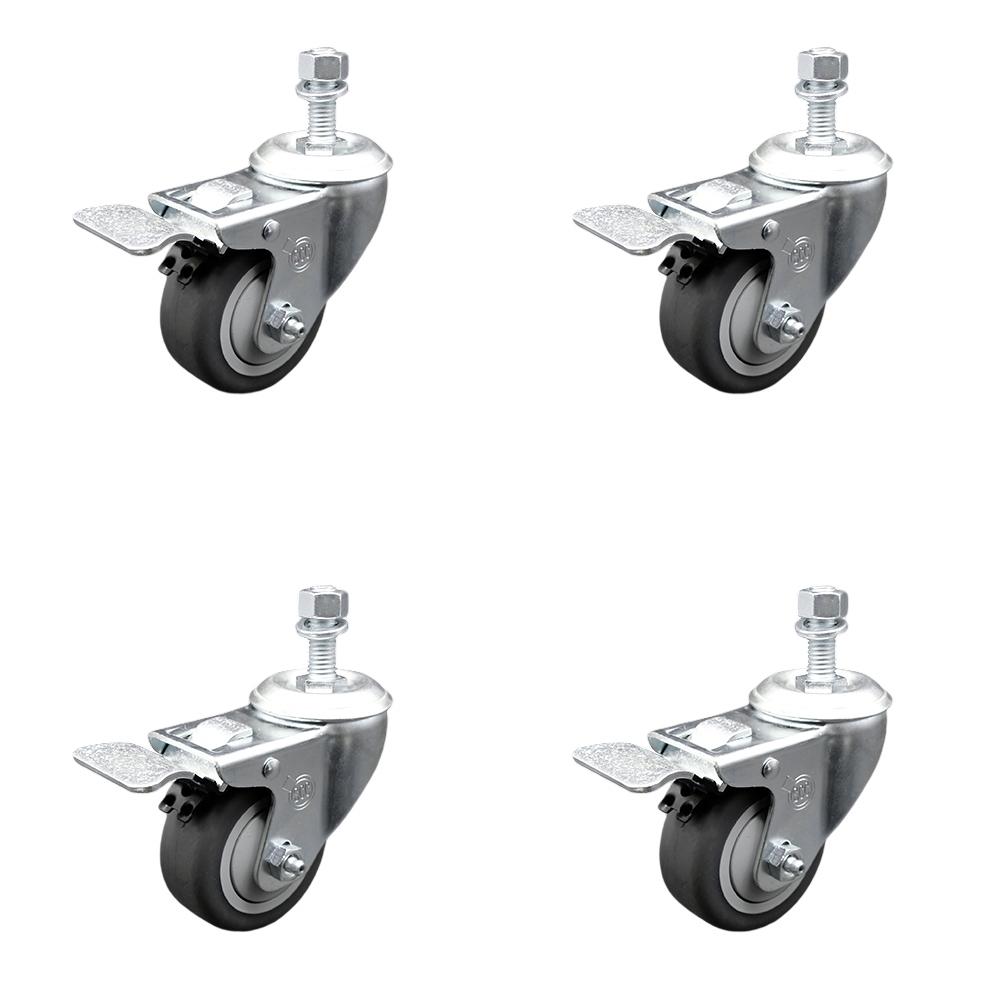 Thermoplastic Rubber Swivel Threaded Stem Caster with 3 x 1.25 in. Gray Wheels & 10 mm Stems - 840 lbs Total Capacity - Set of 4