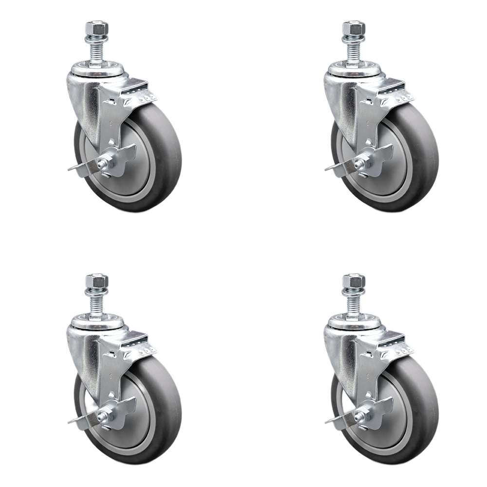 Stainless Steel Thermoplastic Rubber Swivel Threaded Stem Caster with 5 x 1.25 in. Gray Wheels & 12 mm Stems - 1200 lbs Total Capacity - Set of 4