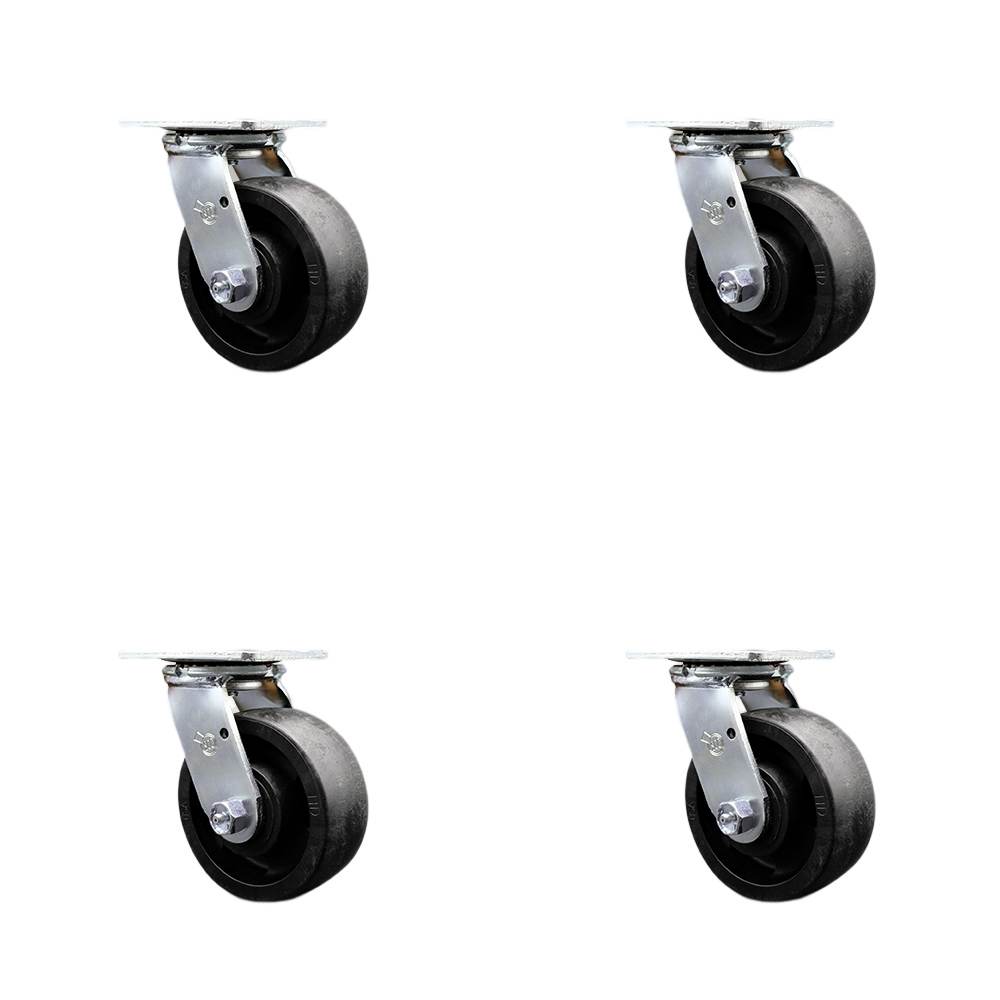 Stainless Steel Glass Filled Nylon Swivel Top Plate Casters, Heavy Duty with 5 in. Wheels - 5000 lbs Total Capacity - Set of 4