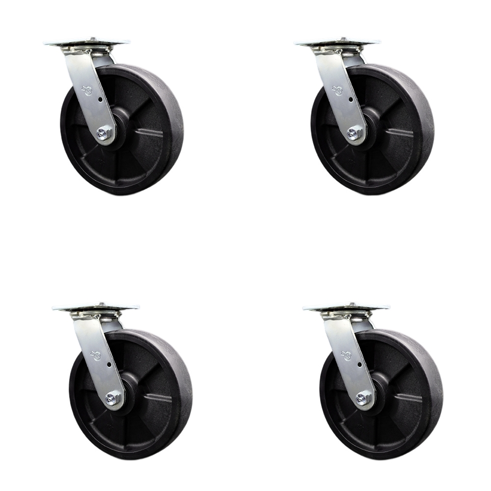 Stainless Steel Glass Filled Nylon Swivel Top Plate Casters, Heavy Duty with 8 in. Wheels - 5000 lbs Total Capacity - Set of 4