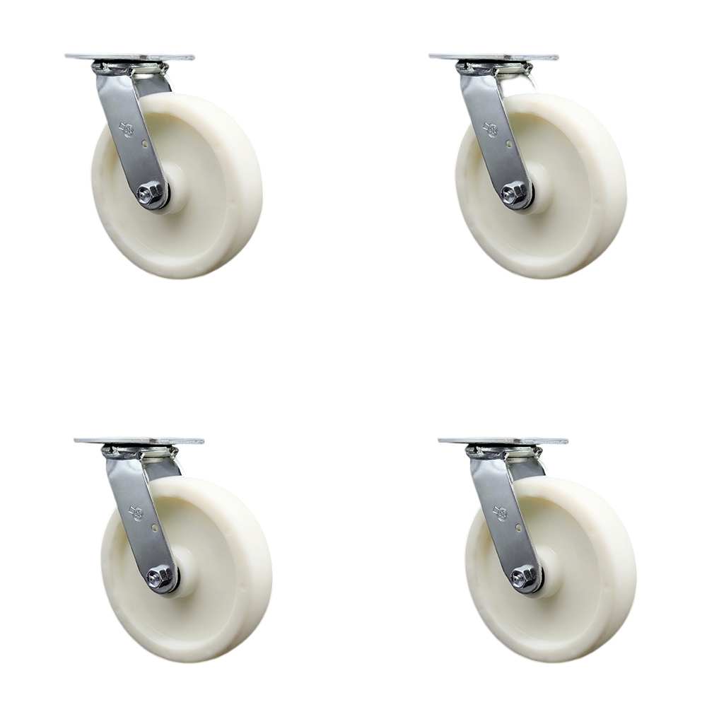 SCC-SS30S820-NYR-BSL-4 Stainless Steel Nylon Swivel Top Plate Casters, Heavy Duty with 8 in. Wheels - 5000 lbs Total Capacity - Set of 4