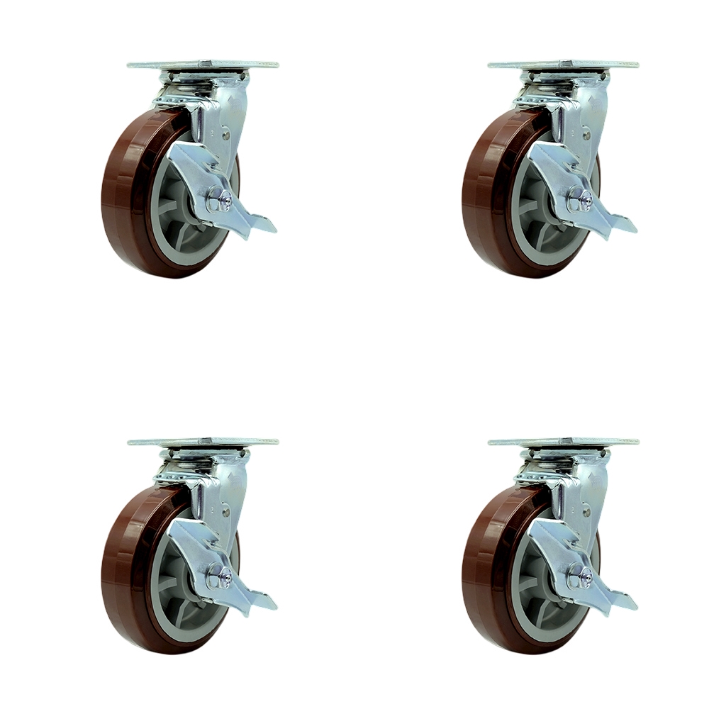 SCC-SS30S620-PPUR-TLB-4 Stainless Steel Polyurethane Swivel Top Plate Casters, Heavy Duty with 6 in. Wheels - 3600 lbs Total Capacity - Set of 4