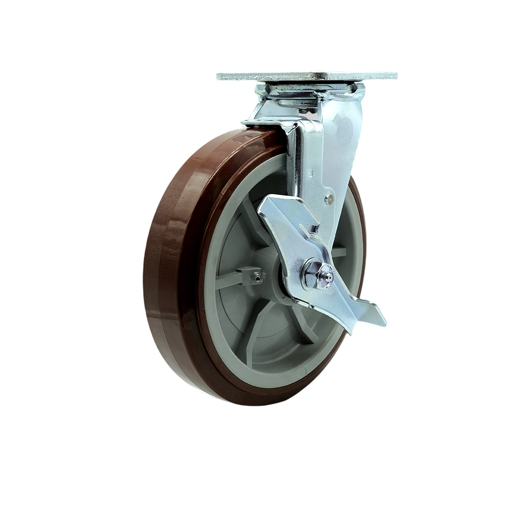 Stainless Steel Heavy Duty Swivel Top Plate Caster with Top Lock Brake & 8 in. Polyurethane Wheel with Ball Bearings - 1000 lbs Capacity per Caster