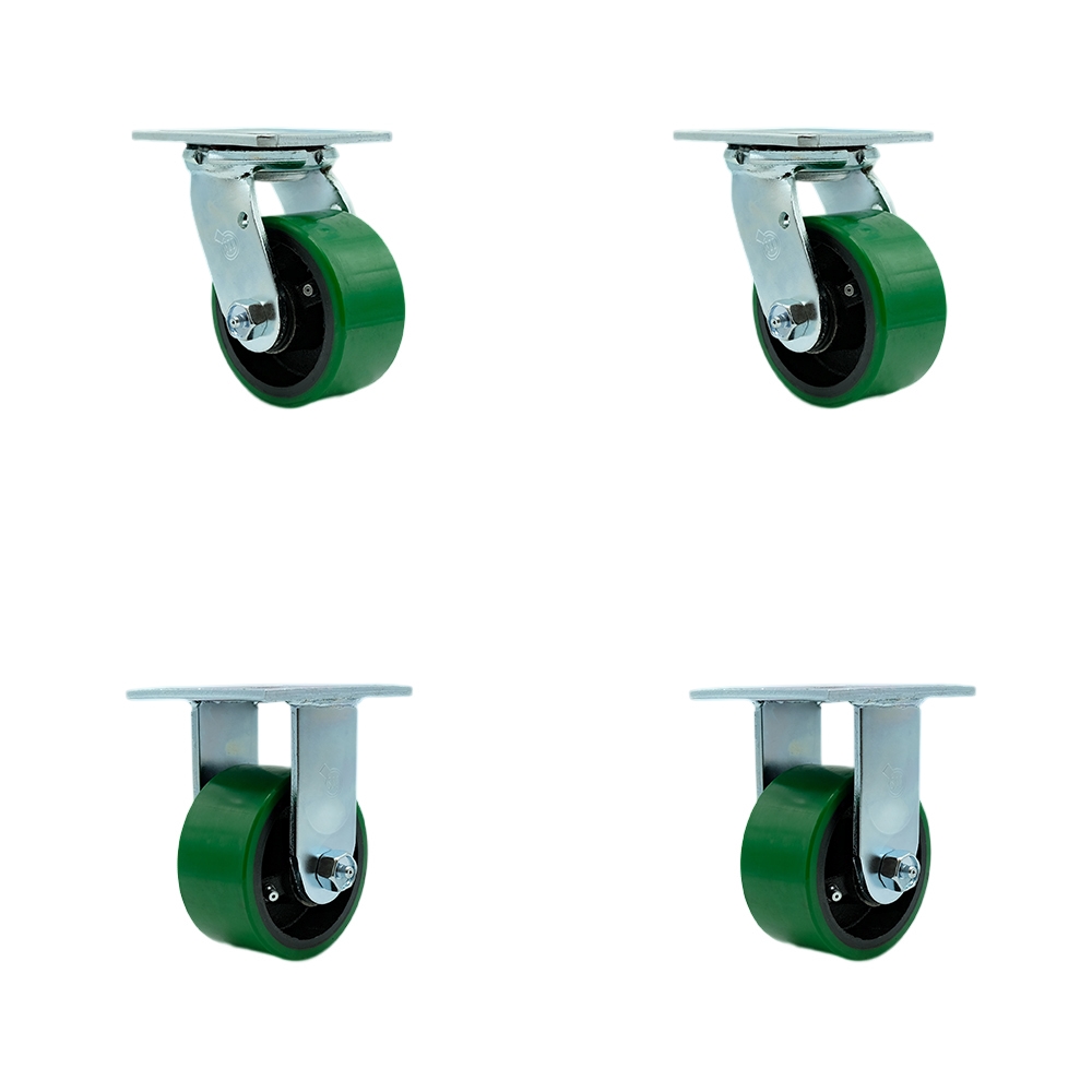 Heavy Duty Swivel Caster with 4 in. Green Polyurethane on Cast Iron Wheels & Ball Bearings - 2800 lbs Total Capacity - Set of 4