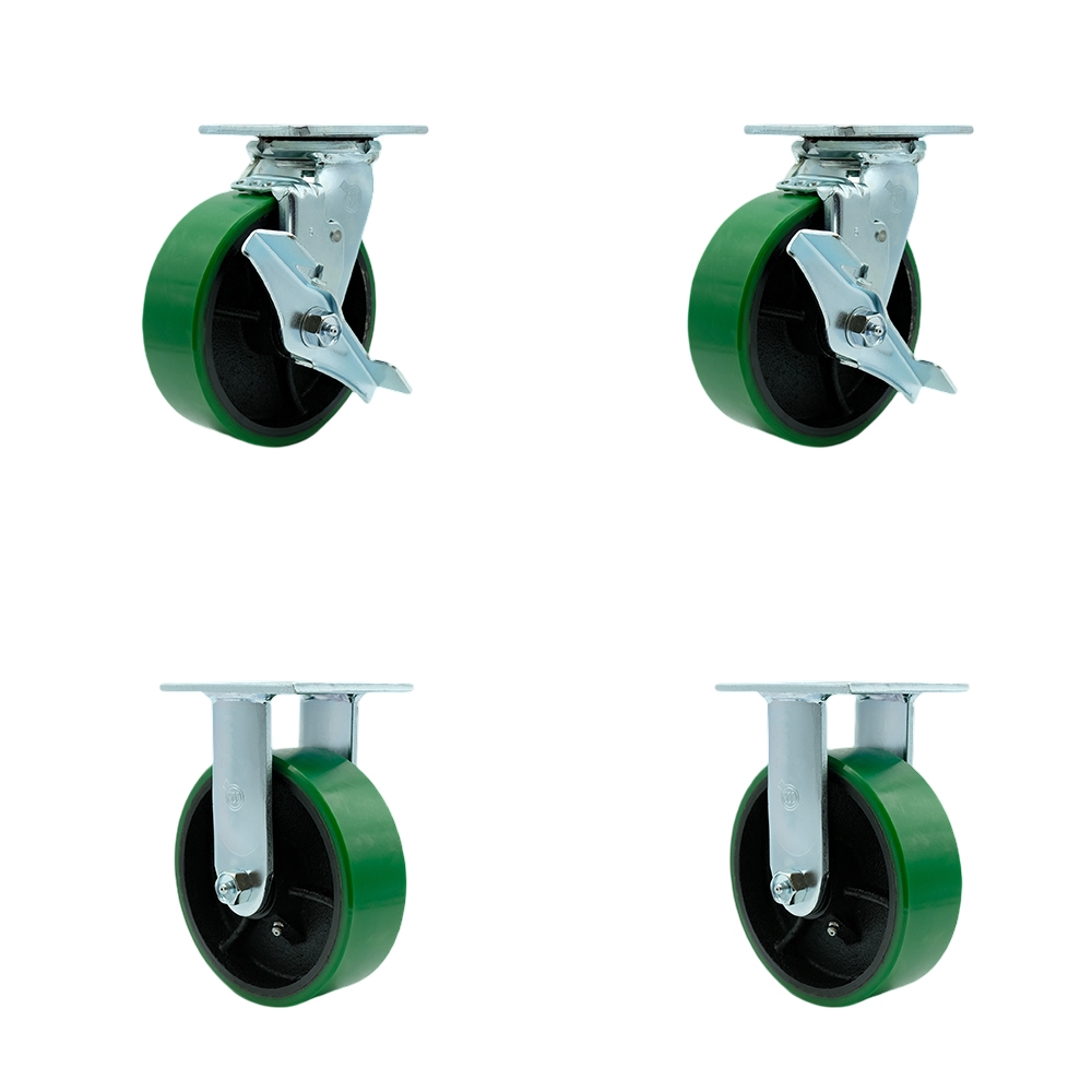 Heavy Duty Swivel Caster with 6 in. Green Polyurethane on Cast Iron Wheels & Ball Bearings - 4800 lbs Total Capacity - Set of 4