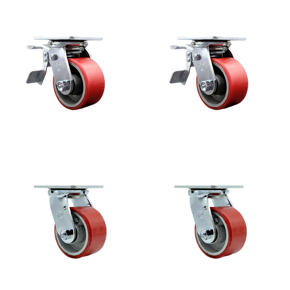 SCC-TTL30S420-PUB-RS-2-S-2 Heavy Duty Swivel Caster Set with 4 in. Red Polyurethane on Cast Iron Wheels & Ball Bearings - 2800 lbs Total Capacity