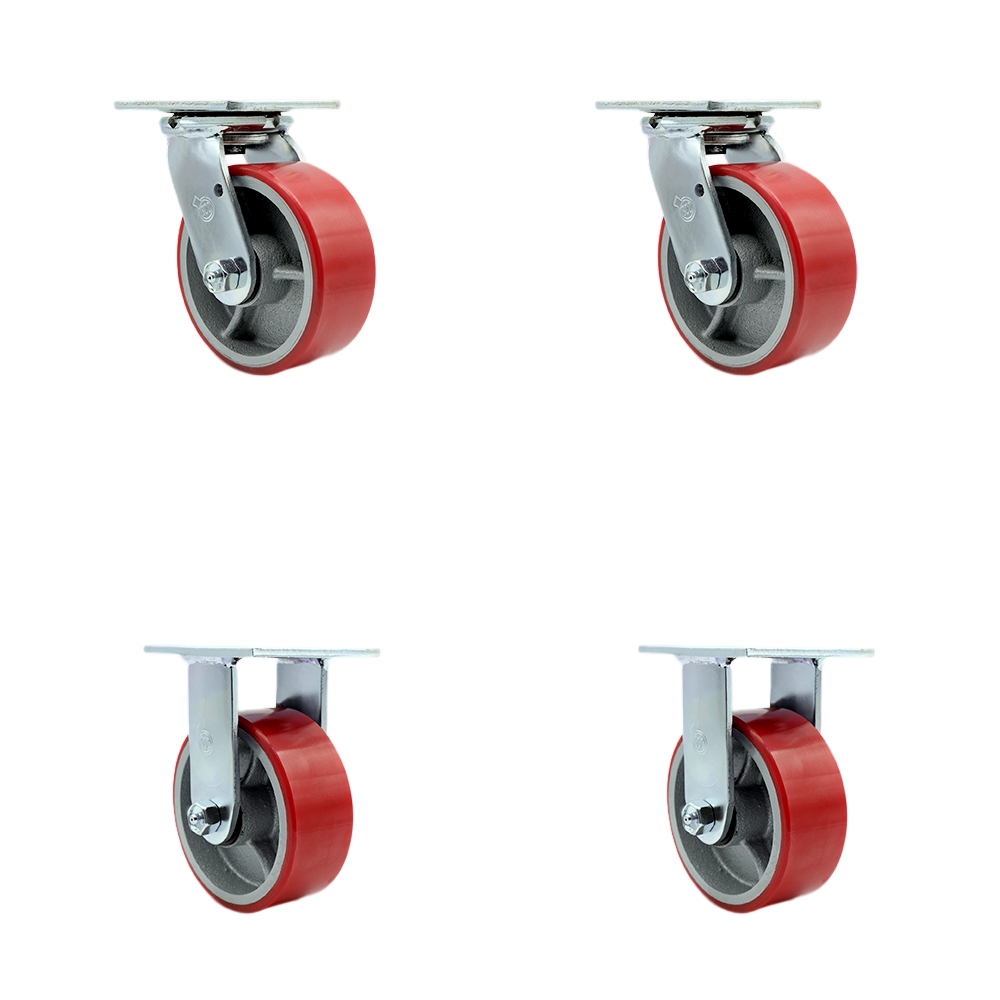 SCC-30CS520-PUB-RS-BSL-2-R-2 Heavy Duty Swivel Caster Set with 5 in. Red Polyurethane on Cast Iron Wheels & Ball Bearings - 4000 lbs Total Capacity