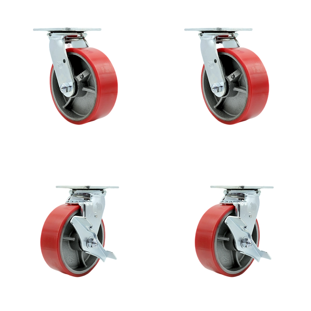 Heavy Duty Swivel Caster with 6 in. Red Polyurethane on Cast Iron Wheels & Ball Bearings - 4800 lbs Total Capacity - Set of 4