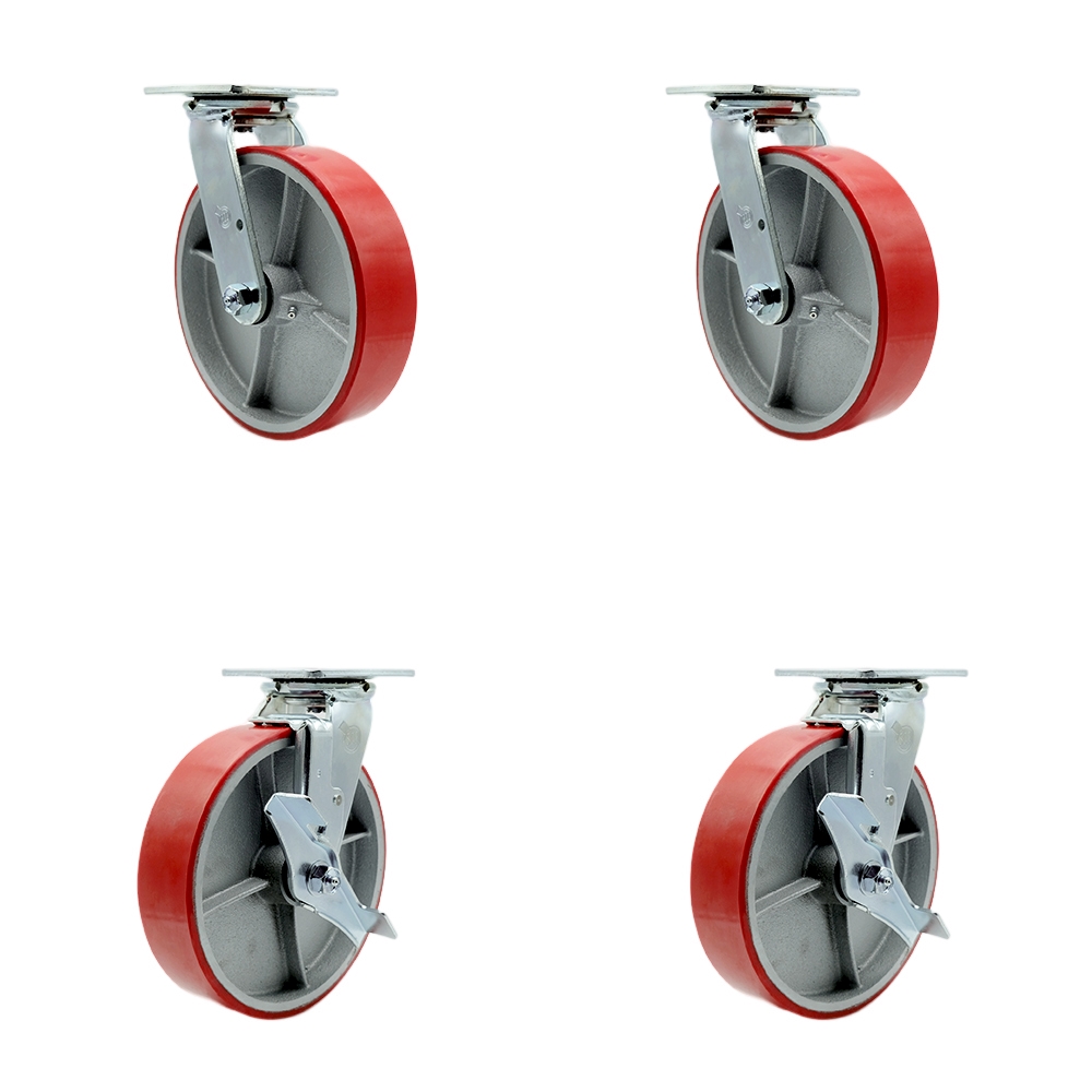 SCC-30CS820-PUB-RS-BSL-2-TLB-2 Heavy Duty Swivel Caster with 8 in. Red Polyurethane on Cast Iron Wheels & Ball Bearings - Set of 4